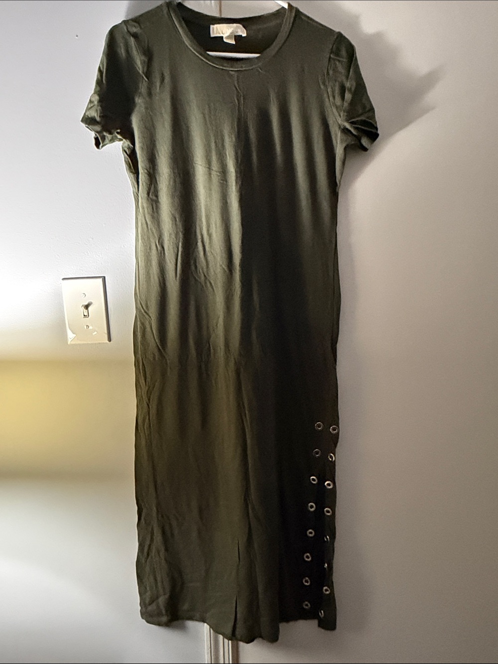 Michael Kors Olive Green Short-Sleeve Midi Dress with Eyelet Detail